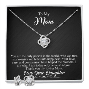 To My Mom Gift - Love Knot Earrings & Necklace Set - 14K White Gold Gift For Her #e141